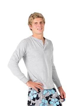 A light grey long-sleeved T-shirt with a buttoned neckline, worn by a model in patterned swim shorts.