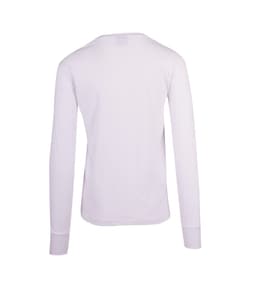 A white long-sleeve T-shirt with a simple design and a logo on the back.
