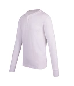 A long-sleeve men's T-shirt in white with a buttoned henley neckline and a logo.