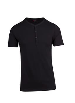 A black men's Hanley T-shirt with short sleeves and a buttoned neckline. It features a logo on the collar.