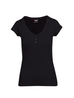 A black women's Hanley T-shirt featuring a v-neck and short sleeves, with a button detail at the neckline.