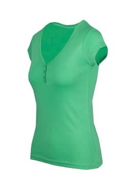 A green women's Hanley T-shirt with a V-neck and short sleeves, featuring a button detail at the neckline.