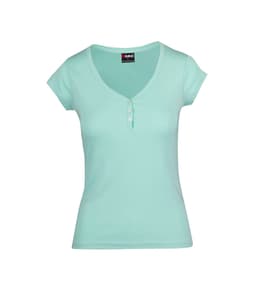 A women's short-sleeve T-shirt in mint green with a V-neck and button detail. It features a logo on the label.