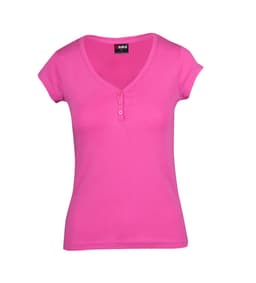 A pink women's Hanley T-shirt with a v-neck and short sleeves, featuring buttons at the neckline.
