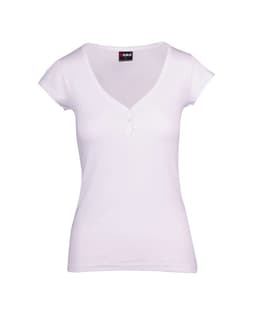 A white Women's Hanley T-shirt featuring a V-neck and cap sleeves, with a button detail and a logo.