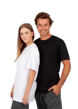 A black and a white unisex t-shirt displayed on models, featuring a simple design and relaxed fit.