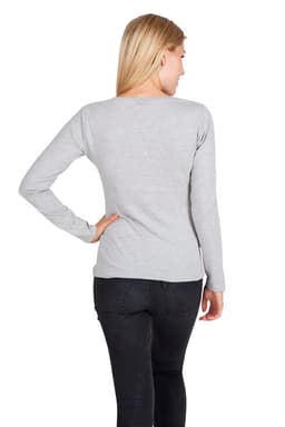A grey women's long sleeve t-shirt viewed from the side, featuring a fitted design. It has a visible logo.