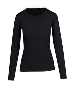 A black women's long sleeve T-shirt with a simple, fitted design and a round neckline.