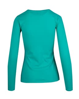 A women's long sleeve T-shirt in a solid teal colour, featuring a fitted design and a back view.