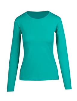 A women's long sleeve T-shirt in a vibrant teal colour, featuring a fitted design and a round neckline.