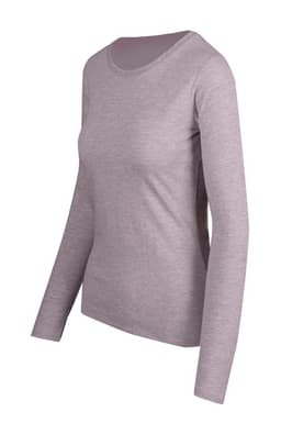 A grey women's long sleeve T-shirt with a round neckline and fitted design. It features a logo on the garment.