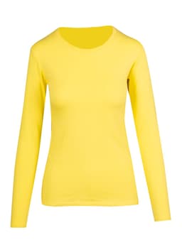 A yellow women's long sleeve T-shirt featuring a round neckline and a fitted shape. It has a logo on the garment.