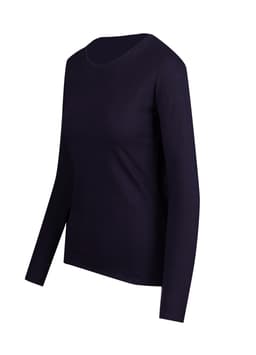 A women's long sleeve T-shirt in navy blue, featuring a classic crew neckline and fitted sleeves.