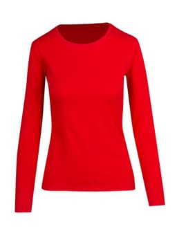 A red women's long sleeve T-shirt featuring a simple, fitted design and a round neckline.