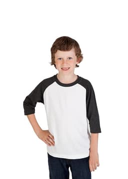 A 3/4 raglan sleeve T-shirt in white with dark grey sleeves, worn by a smiling child. The shirt features a logo.