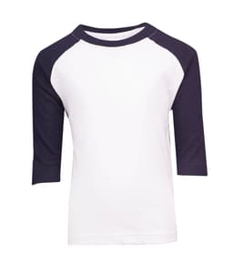A kids' 3/4 raglan sleeve T-shirt in white with navy sleeves, featuring a logo on the front.