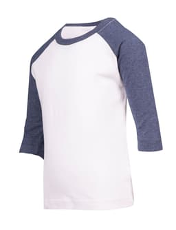 A white t-shirt with blue raglan sleeves, featuring a simple design and a logo on the sleeve.