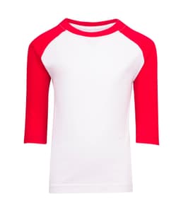 A Kids 3/4 raglan sleeve T-shirt with a white body and red sleeves. It features a logo on the front.