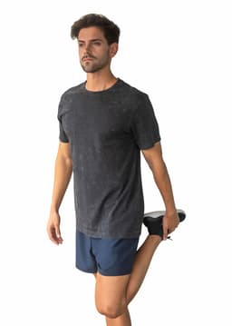 A stone wash, short-sleeved T-shirt in dark grey with a logo. Suitable for men's or unisex wear.