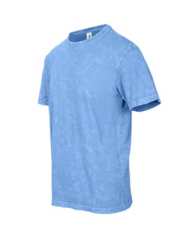 A light blue stone wash T-shirt with a round neckline and short sleeves. The shirt features a logo on the label.