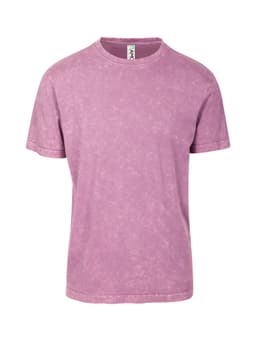 A unisex stone wash T-shirt in a faded purple hue, featuring a logo on the label.