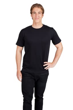 A black modern fit T-shirt on a male model, featuring a simple design and a logo.