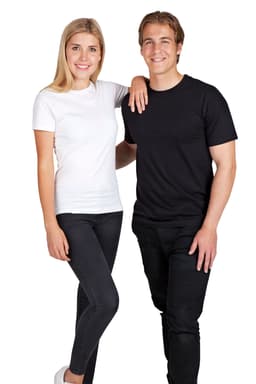 A white modern fit tee on a woman and a black modern fit tee on a man, both standing together.