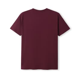 A maroon unisex modern fit T-shirt with a simple design and a logo on the back.
