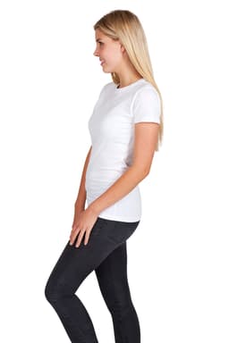 A white modern fit women's T-shirt displayed on a model wearing black jeans. The shirt has a simple design and a logo.