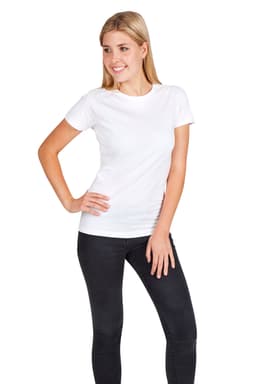A woman in a white modern fit T-shirt and a man in a black modern fit T-shirt, both wearing casual pants.