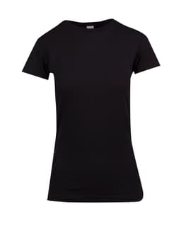 A black women's modern fit T-shirt with a slim silhouette and short sleeves. It features a logo on the garment.