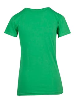 A green women's modern fit T-shirt featuring a standard back design and short sleeves. It has a logo.