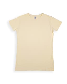 A women's modern fit t-shirt in a soft yellow colour, featuring short sleeves and a logo on the label.