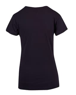 A black women's modern fit T-shirt with short sleeves and a simple design. Features a logo on the back.
