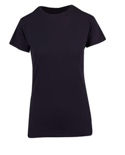A women's modern fit T-shirt in black with short sleeves and a round neckline, featuring a logo.