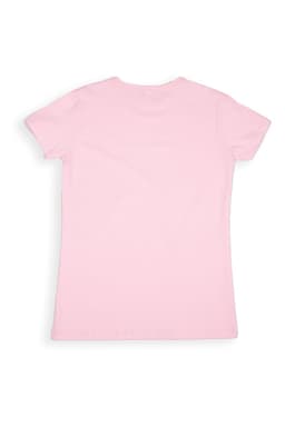 A women's modern fit T-shirt in a soft pink colour, featuring a simple design and a logo on the back.