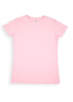 A pink women's modern fit T-shirt with short sleeves and a simple design, featuring a logo at the label.