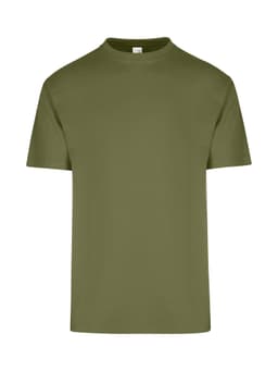 A men's unisex regular t-shirt in olive green, featuring a simple design and a logo on the label.
