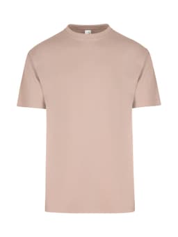 A beige regular t-shirt with short sleeves and a crew neck, featuring a small logo on the label.