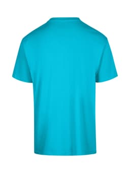 A unisex regular T-shirt in a vibrant turquoise colour, featuring a simple design and a logo.