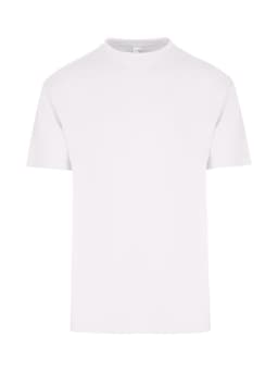 A plain white regular T-shirt with short sleeves and a round neckline. It features a logo on the label.