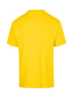A yellow unisex regular t-shirt with a plain back and short sleeves, featuring a logo.