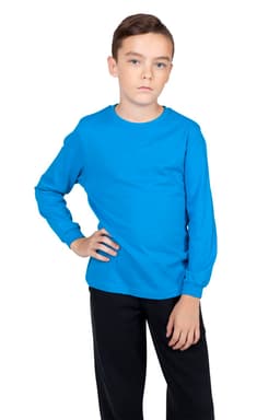 A blue long sleeve t-shirt displayed on a child, paired with black trousers. The shirt features a logo.