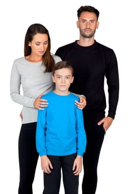 A black long sleeve t-shirt and a grey long sleeve t-shirt, featuring a young boy in a blue long sleeve t-shirt.