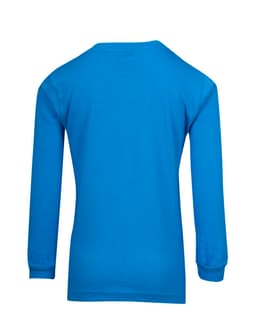 A blue long sleeve t-shirt for children with a plain design and a logo on the back.