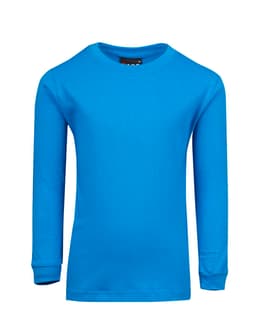 A bright blue long sleeve T-shirt featuring a crew neckline and cuffed sleeves. It includes a logo.