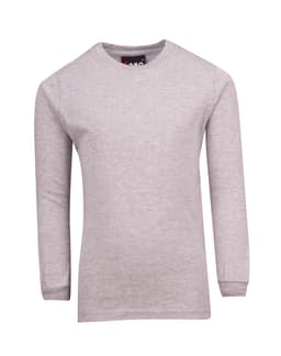 A grey long sleeve T-shirt for kids, featuring a round neck and a branded label at the neckline.