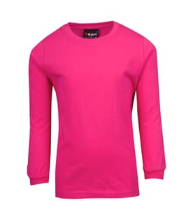A pink long sleeve t-shirt with a round neck and gathered cuffs, featuring a brand logo on the label.