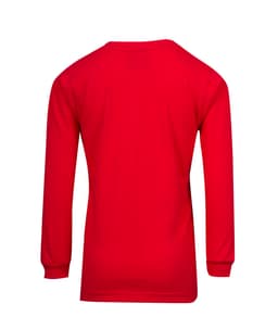 A red long sleeve T-shirt with a smooth back view, featuring fitted sleeves. It has a logo on the back.