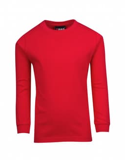 A red long sleeve T-shirt for kids with a label tag. Suitable for casual wear.